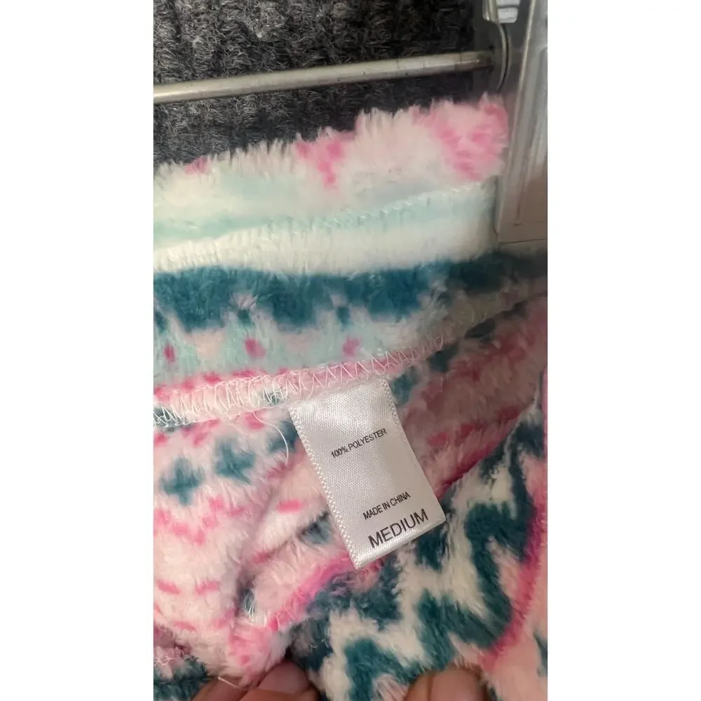 Muk Luks Lounge Set Womens Medium Fleece Pink Blue Jacket Pants Cozy 2 Piece